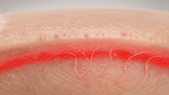 Close-up view of human skin showing a prominent red blood vessel and branching capillaries beneath the surface.