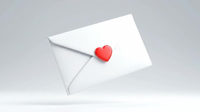 A charming white envelope featuring a vibrant red heart seal, gracefully floating in a minimalist setting.
