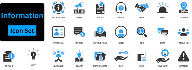  Information solid icon set. Information solid icon set contain info, help, inform, support, news, about us, instructions and notice icons.