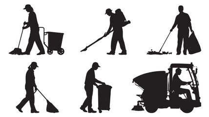 Naklejka premium Vector Silhouette Illustrations Of People Cleaning With Various Tools And Equipment