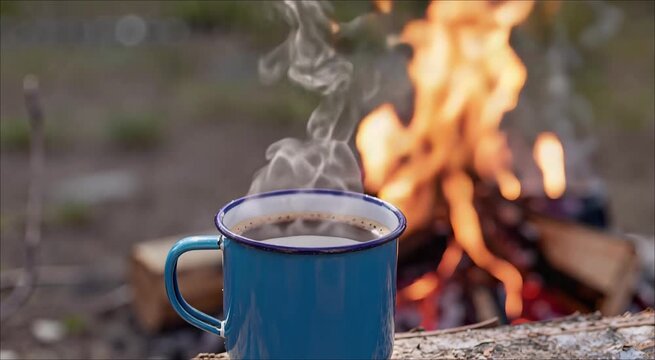 Cozy Campfire Coffee Warm Drink on Wood Log