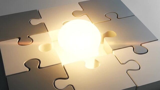 Conceptual puzzle solving illuminated lightbulb represents idea innovation