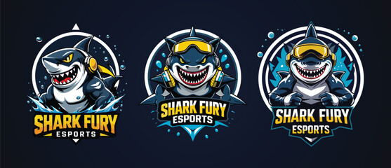 Cartoon Aggressive Shark Mascot with Gaming Accessories Badge Illustration Set