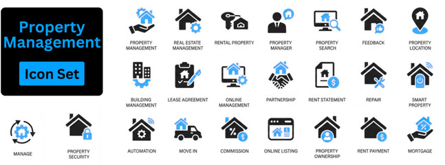 Property Management icon set contain home, Tenant Screening, Smart Home, Property Optimization, Listing etc