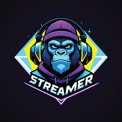 Modern Cool Gorilla Head Mascot Streamer Logo with Headphone Character