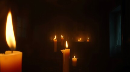 Illuminated candles create a warm and inviting atmosphere in a darkened room.