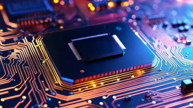 Close-up of a computer microchip showcasing intricate circuit designs and vibrant colors.