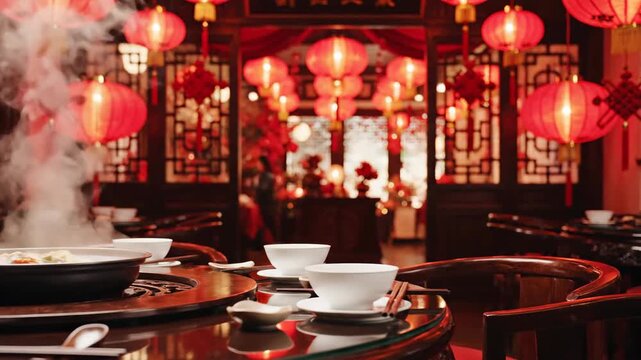 Chinatown style restaurant table with red lanterns steaming bowls.