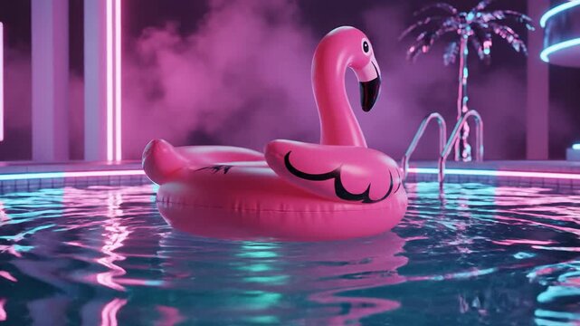 Pink Flamingo Pool Float in Neon Lit Swimming Pool at Night
