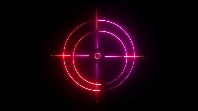 Glowing  neon target or crosshair symbol on a black background; futuristic digital interface element for aiming or precision.