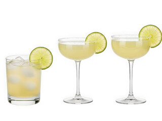 Margarita cocktails served in different glasses with lime garnish