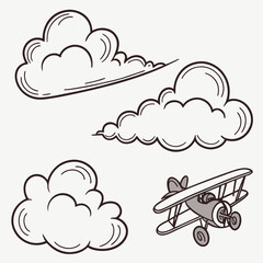 A whimsical illustration of clouds and a biplane in a clear blue sky Vector © BOY