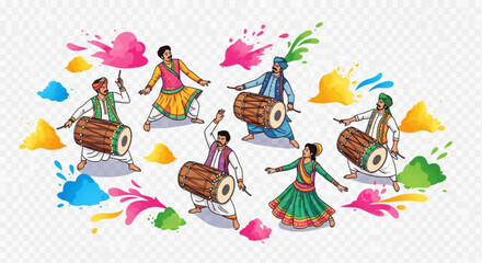 Naklejka premium Indian musicians playing dhol drums and celebrating Holi festival with colorful powder splashes traditional folk music performance
