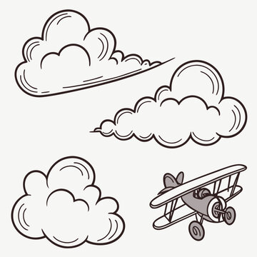 A whimsical illustration of clouds and a biplane in a clear blue sky Vector