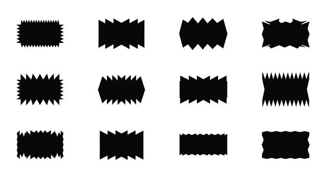 Eight black jagged edged square shapes arranged in a two by four grid