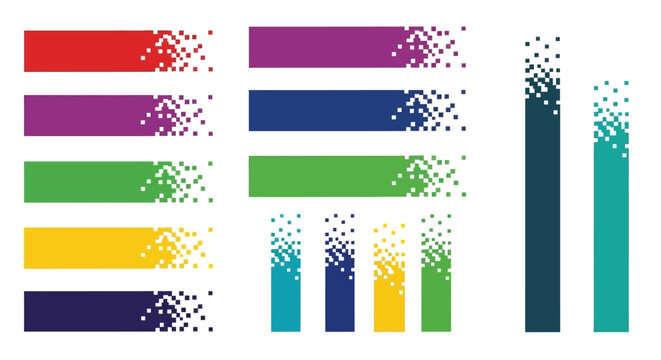 A collection of colorful digital graphic elements with a pixelated disintegration effect, including horizontal bars and vertical columns.
