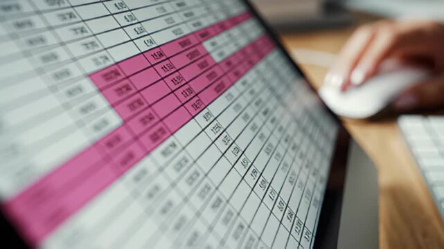 Spreadsheet on laptop screen with hand using mouse for data entry