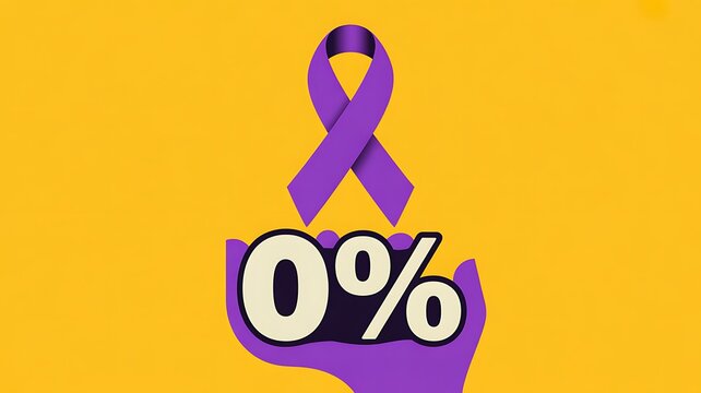Purple awareness ribbon with zero percent symbol on yellow background concept
