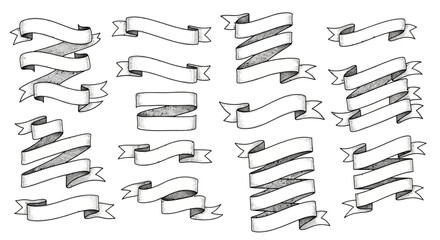 A collection of hand-drawn, vintage-style banners and ribbons with a sketched aesthetic, presented in a grid layout.