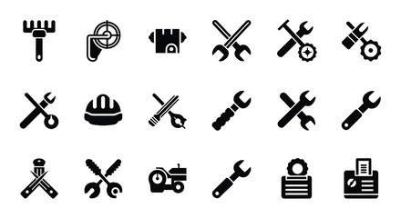 Fototapeta premium Collection of black construction and repair tool icons on white background