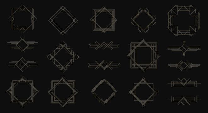 A collection of elegant geometric art deco frames and dividers on a dark background, showcasing intricate line art designs.