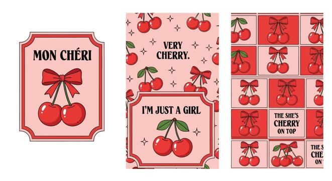 A collection of three pink and red cherry-themed graphic designs, featuring text and patterns.