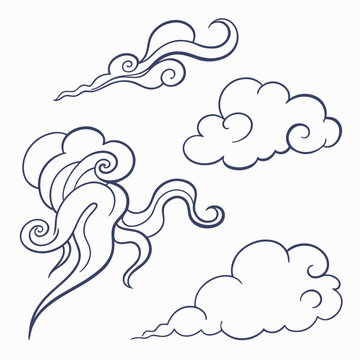 A variety of different types of clouds in a simple line drawing Vector