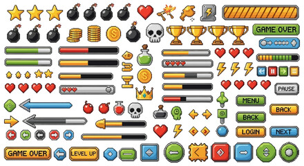 A comprehensive collection of pixel art game assets, including icons, buttons, progress bars, and UI elements for retro-style video games. © Erica