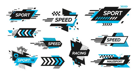 A collection of dynamic sports and speed racing graphic banners and badges with abstract shapes and text. © Erica