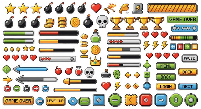 A comprehensive collection of pixel art game assets, including icons, buttons, progress bars, and UI elements for retro-style video games.