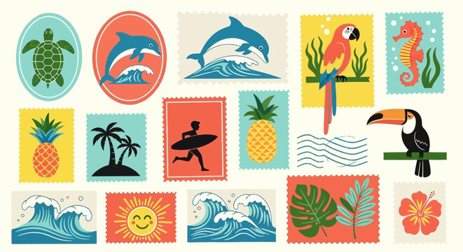 A vibrant collection of postage stamps featuring tropical themes like sea creatures, fruits, birds, and beach activities.