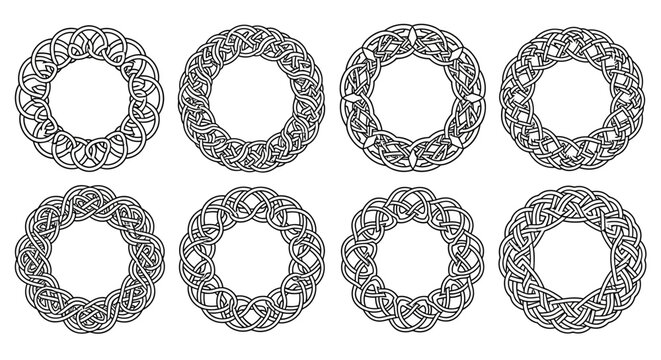A collection of eight intricate circular Celtic knot patterns in monochrome, suitable for decorative design elements and cultural themes.