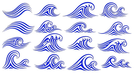 Fototapeta premium A collection of stylized blue wave illustrations, showcasing various dynamic shapes and movements of water.