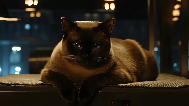 Charming Siamese Cat Lounging Serene Indoors at Night, Gaze Fixed on Viewer with Blue Eyes.