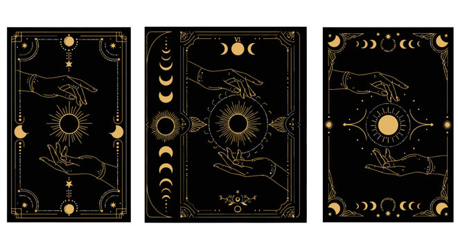 Three mystical tarot card designs with hands holding a sun, surrounded by celestial elements and ornate golden frames on a black background.