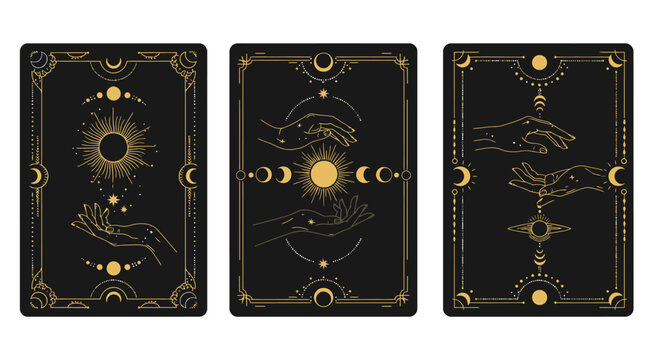 Three mystical tarot cards with celestial and hand motifs on a black background, featuring sun, moon, and stars in gold.