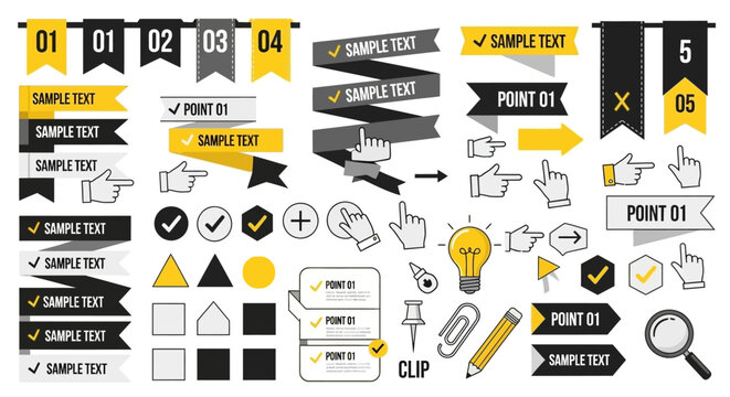 A comprehensive collection of graphic design elements including banners, pointers, icons, and shapes in yellow, black, and gray.