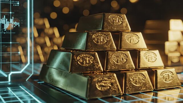 Stack of gold bars with trading charts for investment and finance