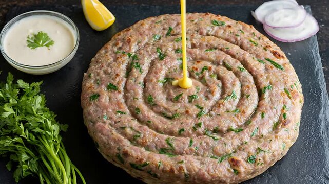 Savory Spiral Meat Dish Topped with Fresh Herbs Receiving a Golden Sauce Drizzle.