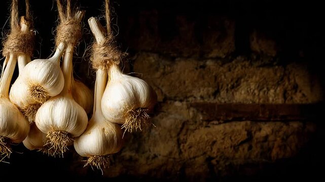 Rustic Hanging Garlic Bulbs Against a Dark Stone Wall Background in a Traditional Setting.