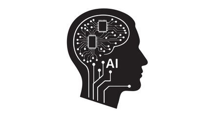 Artificial Intelligence Human Head Silhouette with Circuit Board Design in Monochrome Minimalist Style for Technology