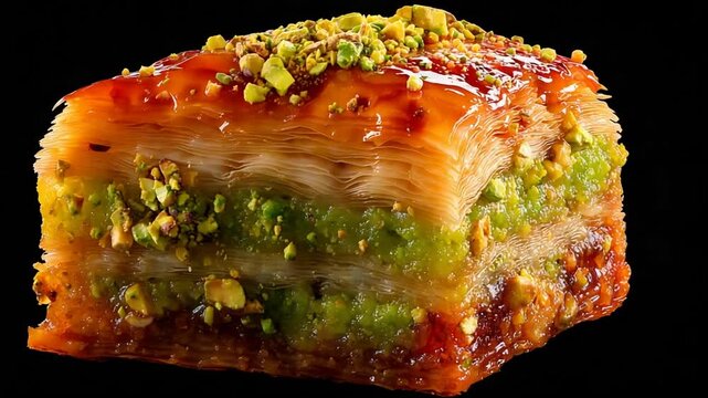 Golden Layers of Sweet Baklava Drizzled with Syrup and Topped with Crushed Pistachios.
