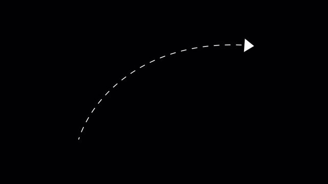 White dashed curved arrow animation isolated on black background. 4k video