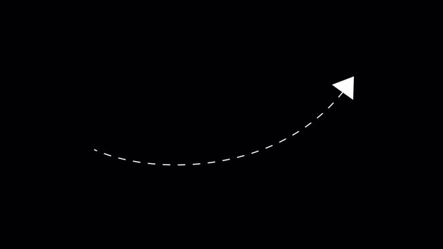 Animation of white dashed curved arrow isolated on black background. 4k video