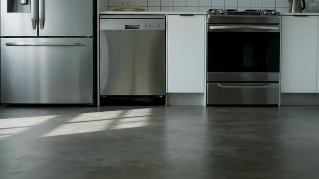 A clean and contemporary kitchen interior featuring stainless steel appliances, white cabinetry, and a polished concrete floor.
