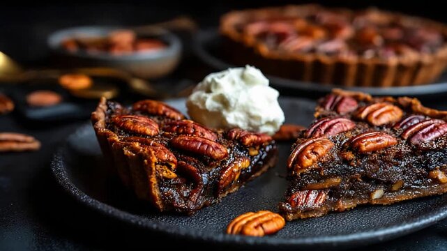 Decadent Pecan Pie Slices with Sweet Whipped Cream, Ready to Indulge on a Dark Table.