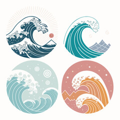 Obraz premium Four distinct ocean wave illustrations showcasing varied styles and colors in a circular format, referencing concept 98745131545.