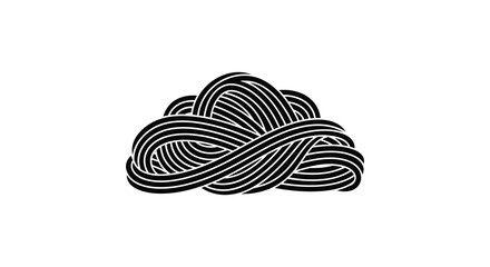 A complex abstract illustration depicts a tightly woven swirling knot of black lines on a white background