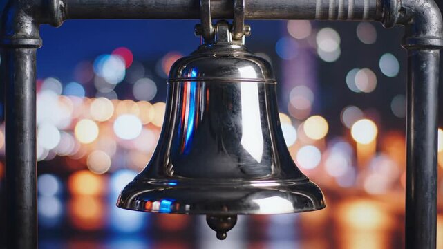 Shiny metallic bell suspended with bokeh city lights background