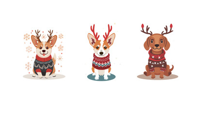 Cute dog wearing Christmas sweater and reindeer horns, festive holiday cartoon vector illustration